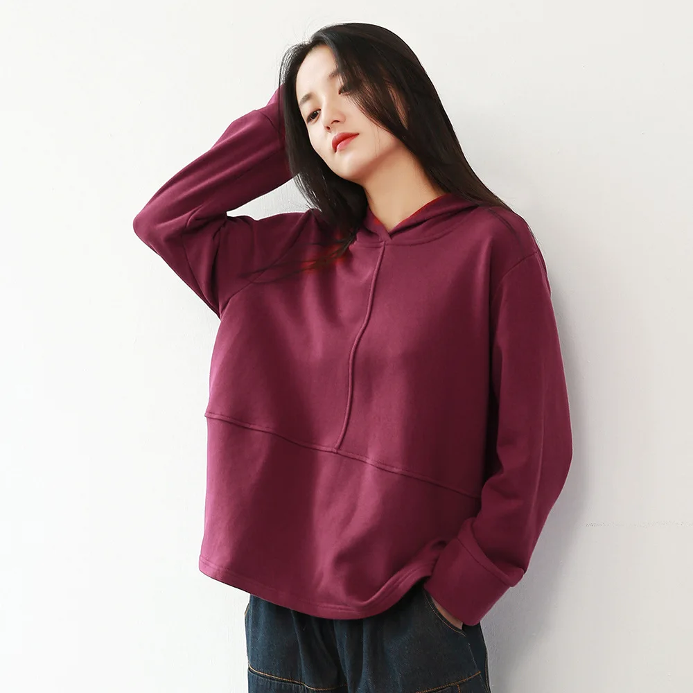 Wine red NINI WONDERLAND, женские хлопковые толстовки, Осенние одноцветные пуловеры, свитшоты, женские свободные повседневные пальто с капюшоном в стиле пэчворк, большие размеры - Цвет: Wine red