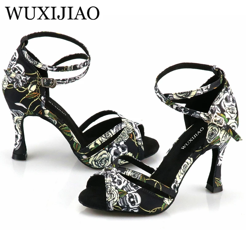 WUXIJIAO Professional ballroom dance shoes ladies halloween skull salsa shoes satin 10 cm high heels ladies latin dance