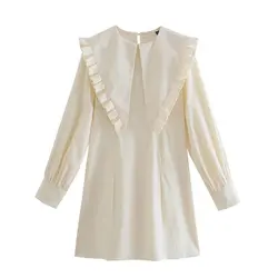 Turn down colarinho vintage vestido velho estilo francês 2021 casual manga longa plissado mini vestido 2021 branco roupas vitorianas para mulher