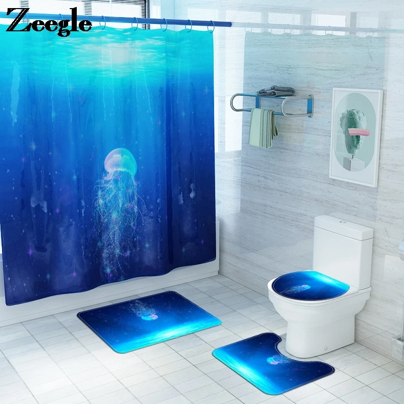4PCS Bathroom Carpet Printed Bathroom Carpet Set  Non-slipToilet Seat Cover Mat Microfiber Carpet in the Bathroom