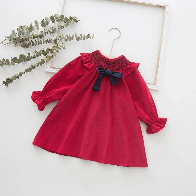 

Autumn Lovely Long Sleeve Baby Girls Dress Girl 0-7T Newborn Toddler Bow Decor Round Neck Princess Dresses Kids Casual Clothes