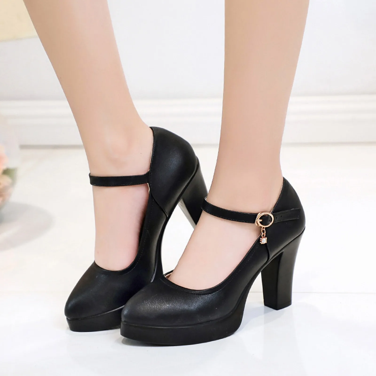 Zapatos de tacón alto de charol con punta redonda para mujer, calzado de vestir con plataforma y diamantes de imitación, color blanco, talla grande 32 43