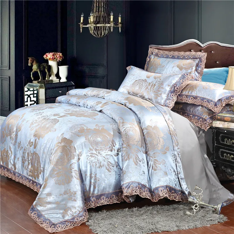 Home textile silver bedding set Jacquard Lace duvet cover set 4pcs bed linen European bed cover luxury golden flat sheet scallop Home textile silver bedding set Jacquard Lace duvet cover set 4pcs bed linen European bed cover luxury golden flat sheet scallop
