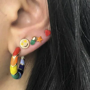 

New Fashion Rainbow Enamel Stud Earrings for Women Cute Heart Star Pill Shape Small Ear Studs Personality Jewelry 5pcs/set