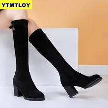 Новые ботинки женские ботинки из флока пикантная Осенняя женская обувь на высоком каблуке со шнуровкой зимние высокие сапоги до середины икры со стразами