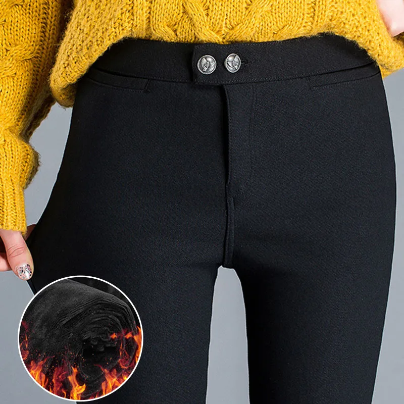 Высокая талия флисовые брюки-карандаш женские зимние однотонные леггинсы теплые утепленные OL сексуальные облегающие брюки уличные брюки P9220 - Цвет: Черный