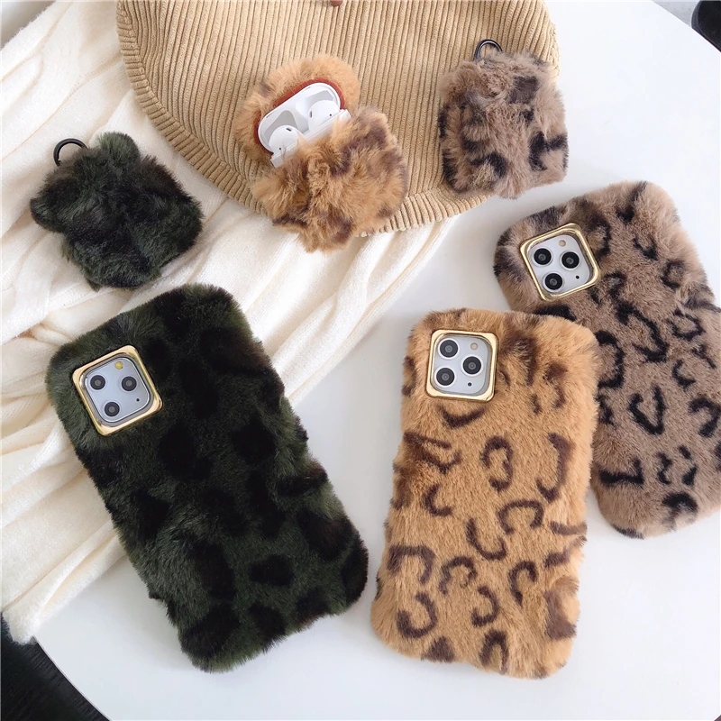 Leopard Plush Phone Case For Apple iPhone X XR XS 11 Pro Max 8 7 6S 6 Plus Cover Airpods 1 2 Cute Soft Girl Back Cases |