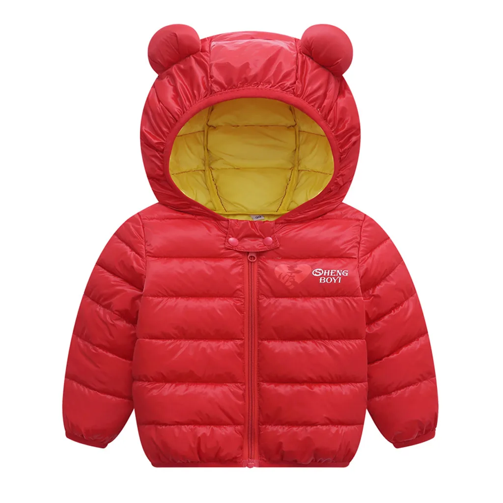 Парка для маленьких девочек и мальчиков детская куртка светильник пуховое пальто с капюшоном и медвежьими ушками зимняя детская куртка весенне-осенняя верхняя одежда для малышей, 19Aug - Цвет: Red