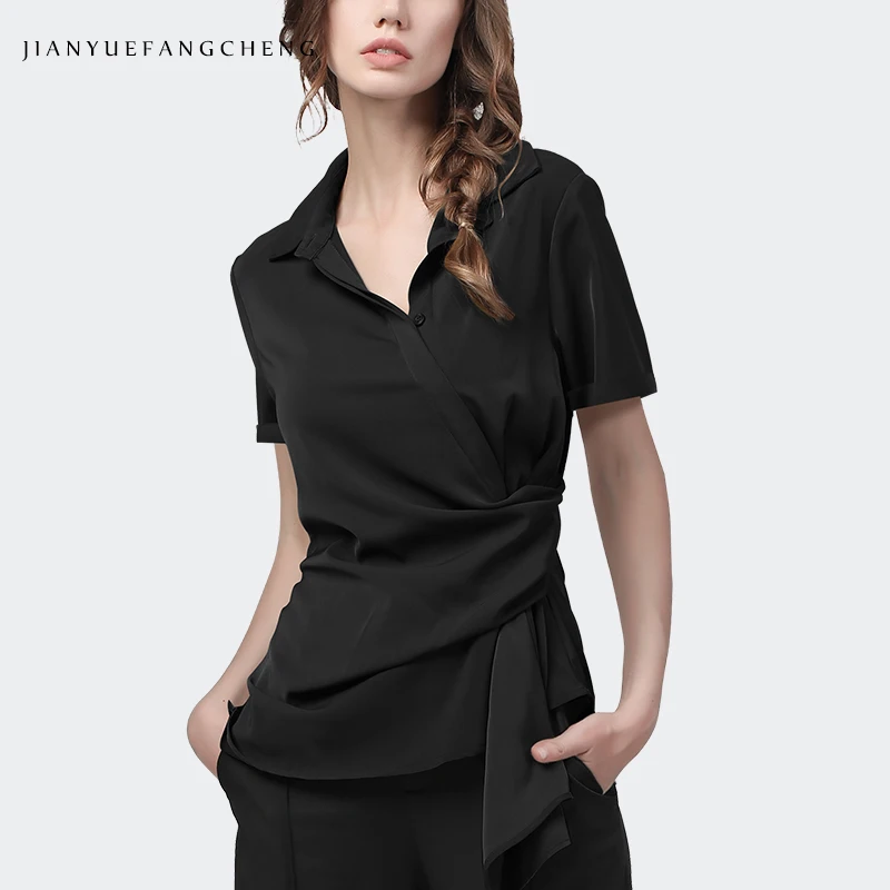 

Fashion Belt Design Short Sleeve Shirt Women 2021 Summer New Slim Temperament Tops Black Simple Capable Office Ladies Blouses