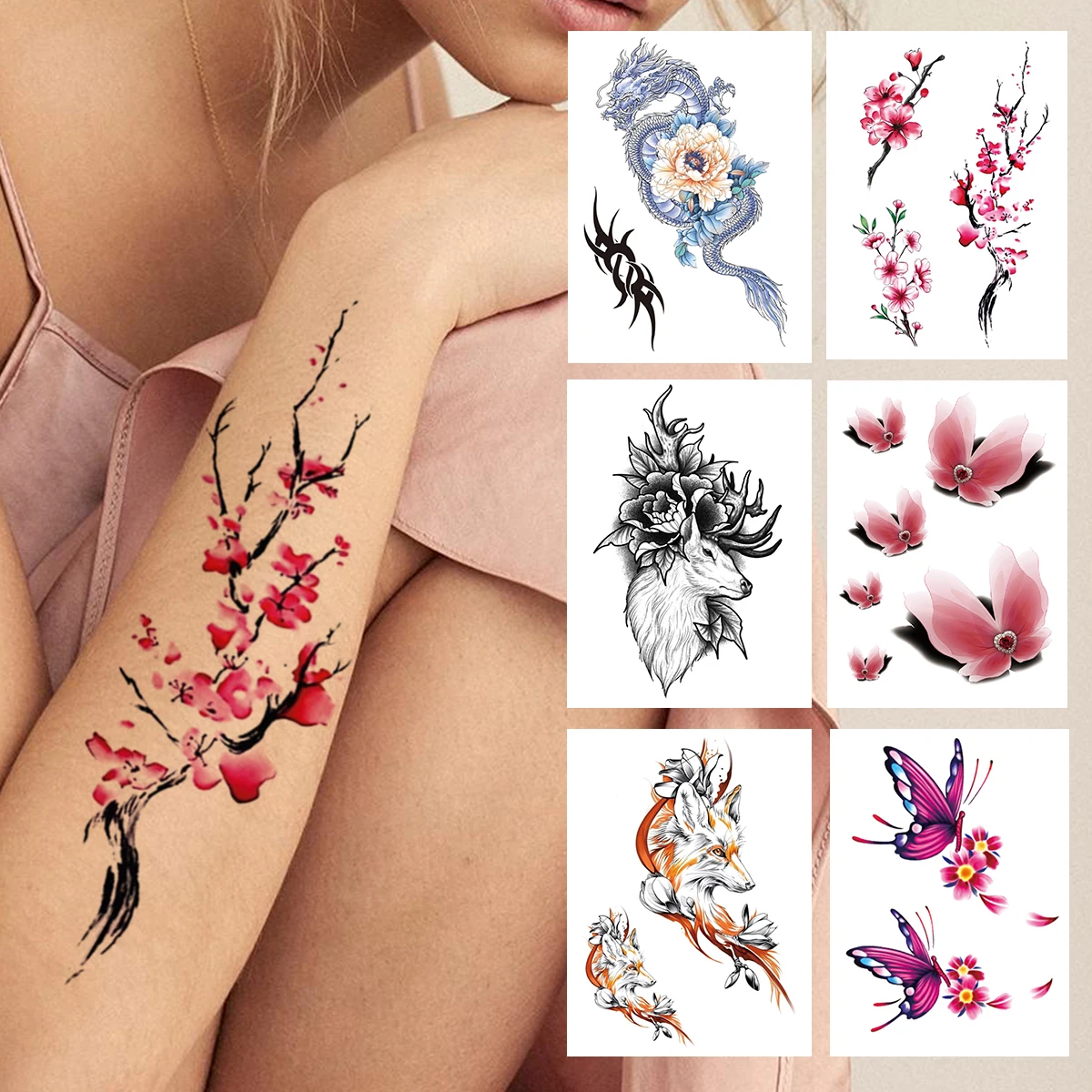 

Plum Flower Temporary Tattoo For Women Girls Watercolor Dragon Fox Tattoos Sticker Fake Butterfly Deer Body Art Drawing Tatoos