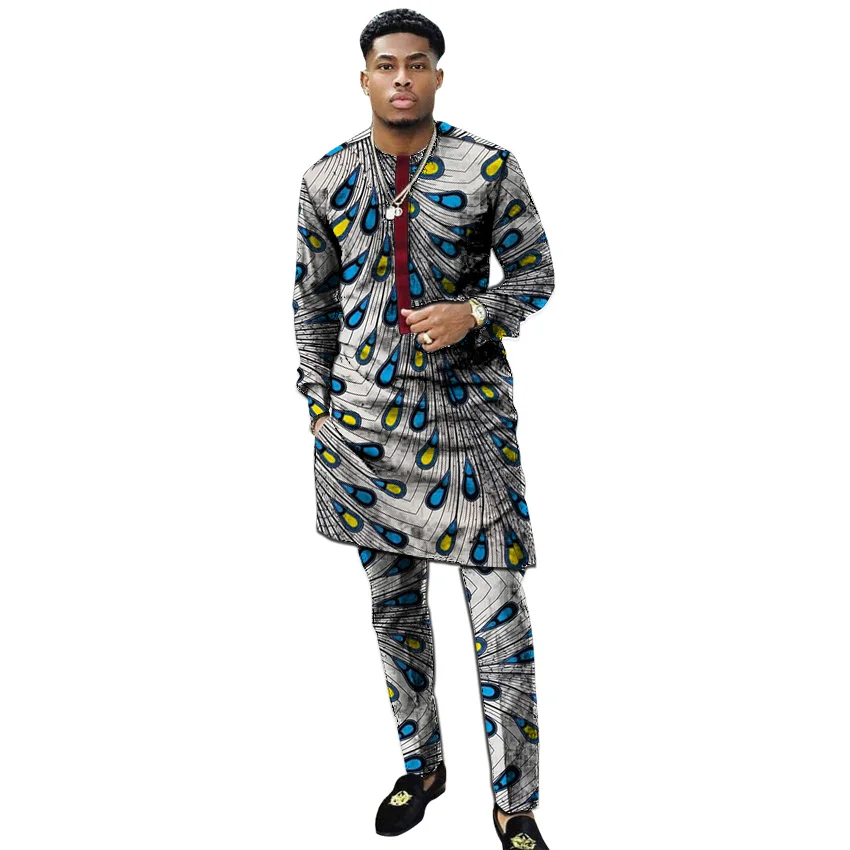 Африканский принт человек Лоскутная рубашка модные брюки наборы Дашики Топы+ брюки индивидуальные мужские наряды для африканских встреч - Цвет: 1