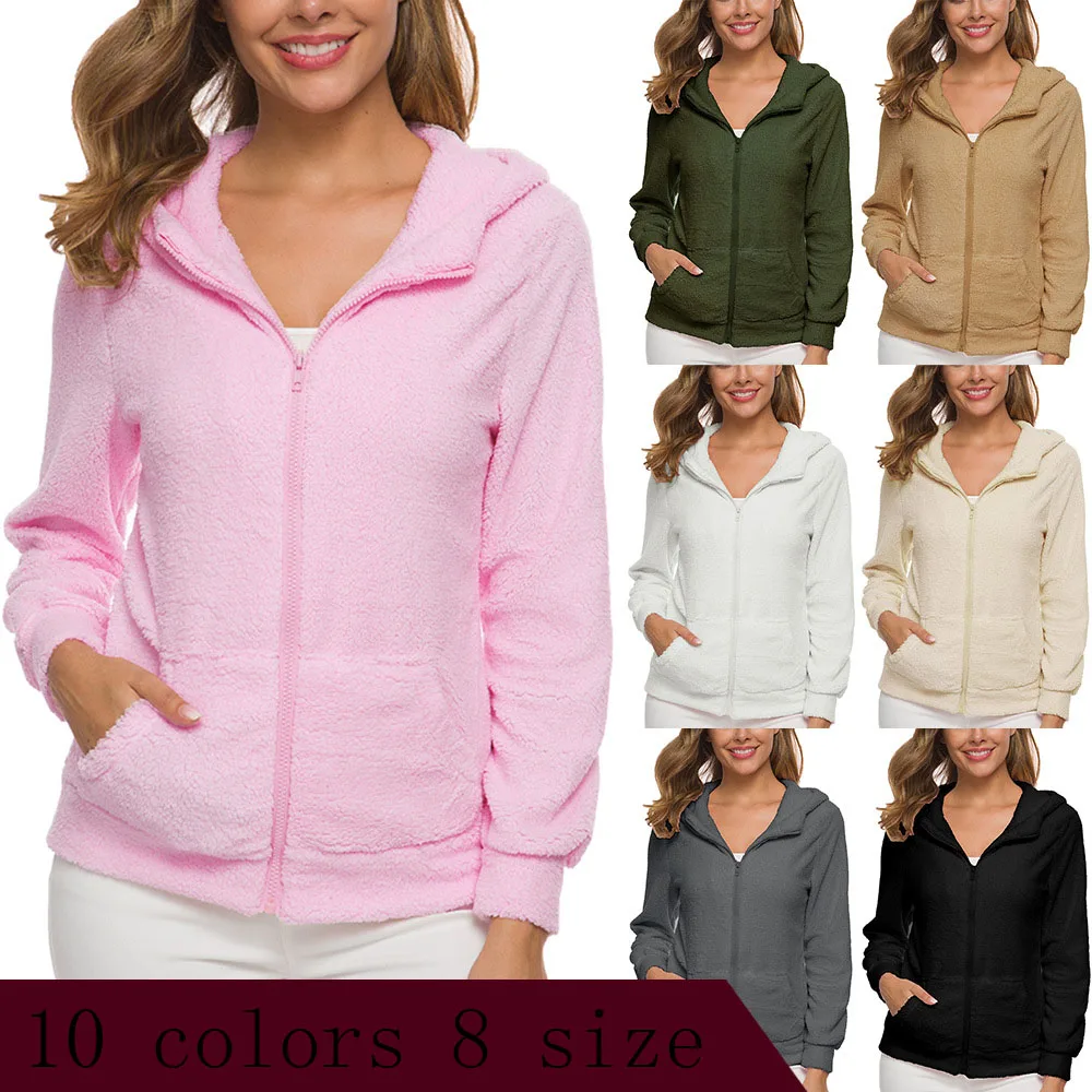 BKMGC, элегантное плюшевое пальто для женщин, Осень-зима, теплое, мягкое, с капюшоном, на молнии, Женская куртка, с карманами, Повседневная Верхняя одежда размера плюс S-5xl