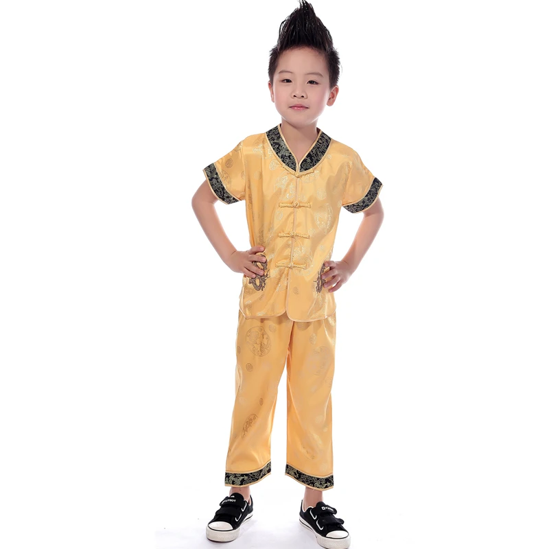 Детский Китайский традиционный костюм в стиле династии Тан кунг-фу Вышивка Дракон короткий рукав Мальчики Китай Мода Топ сценическая одежда - Цвет: Yellow