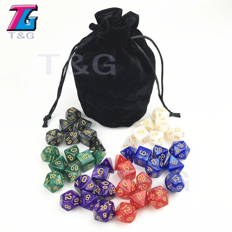 Черный T& G Высокое качество перламутровый эффект D& D игральные кости наборы 7 шт.* 6 наборов с D4 D6 D8 D10 D10% D12 D20 с бархатной кости сумка для ролевых игр - Цвет: Черный