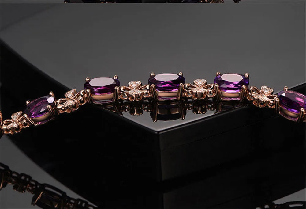 Браслеты из аметиста для женщин, 18 К, розовое золото, натуральные Кристальные драгоценные камни, ювелирная цепочка, циркониевые бриллианты, подарки на день рождения для девочек