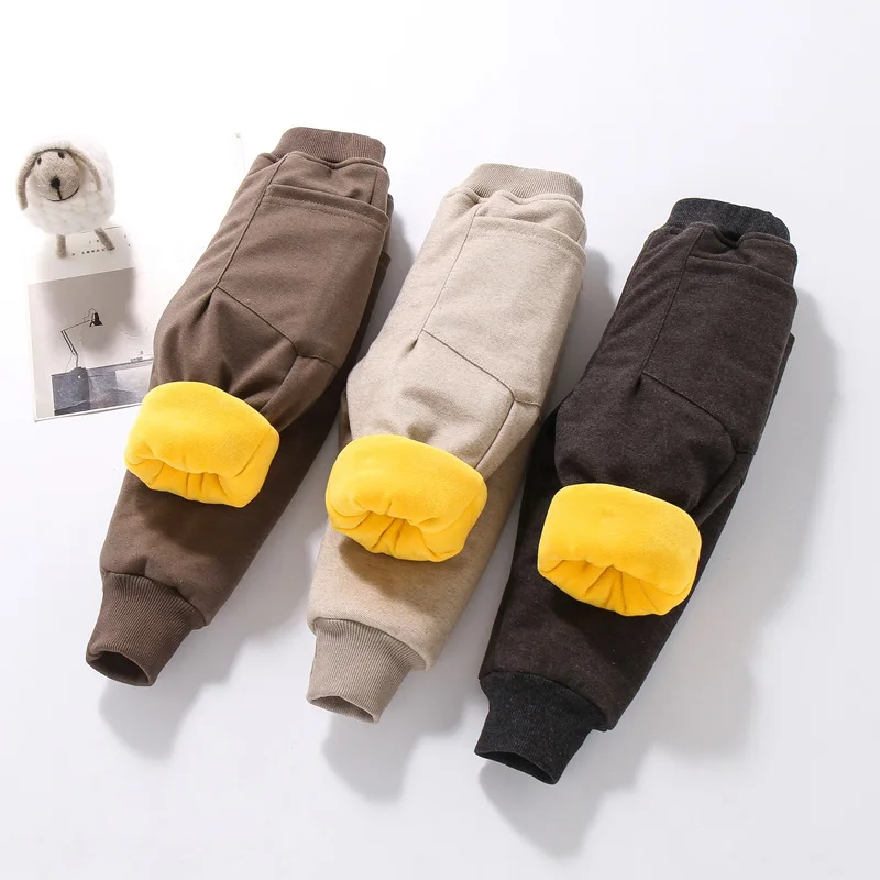 Новые Зимние Повседневные однотонные штаны для мальчиков детские брюки с хлопковой подкладкой Детские теплые трехслойные бархатные штаны с большим карманом