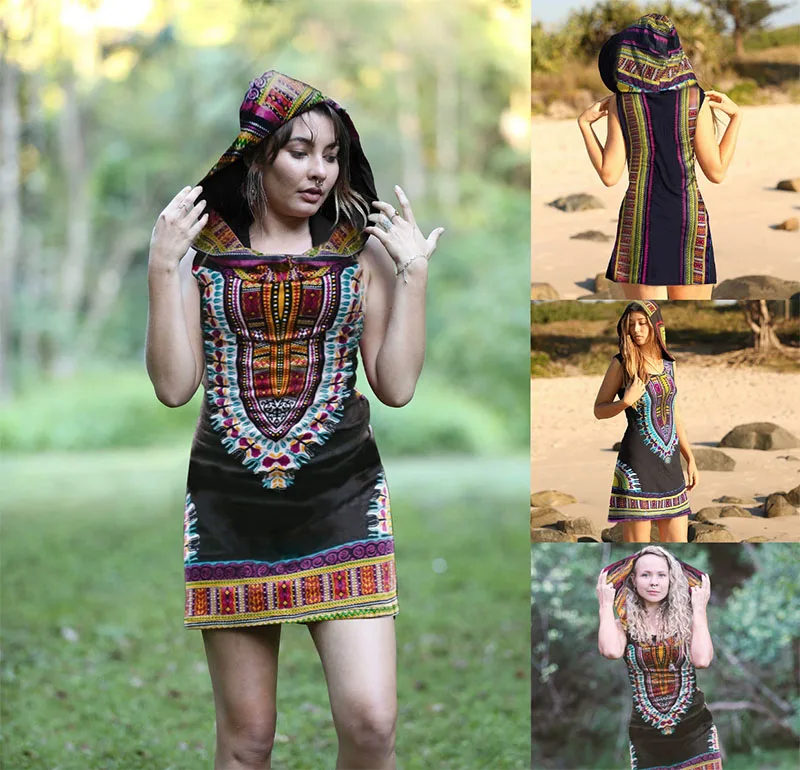 

Boho Tribal Hoodie Tunic Gypsy Festival Mini Dress Women Hippie Fairy Hooded African Dashiki Print Hoodress Sundress Sleeveless