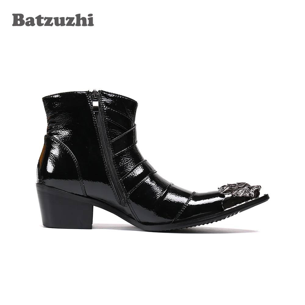 Batzuzhi Western Punk Men's Boots 6.5CM Heels Motorcycle Pointed Metal Toe Black Leather Ankle Boots Men Soft Leather Rock Boots