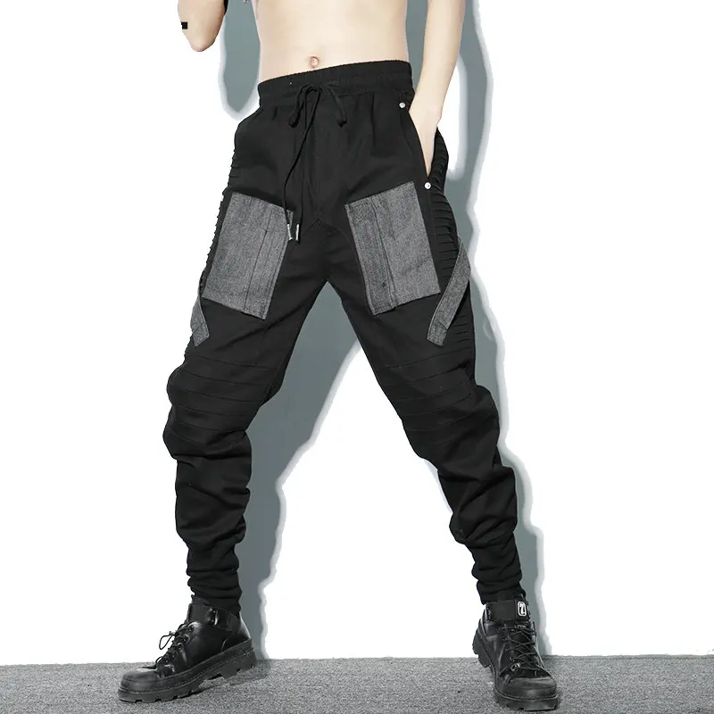 

Autumn Winter Black Color Pencil Harem Pants Men Plus Size HipHop Pants Mens Patchwork Big Pockets Ribbons Korean Streetwear