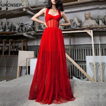 

UKCNSEP 2020 New Spring Women Maxi Dress Sexy Halter Mesh Patchwork Runway Celebrity Evening Party Dress Vestidos Bandage Dress
