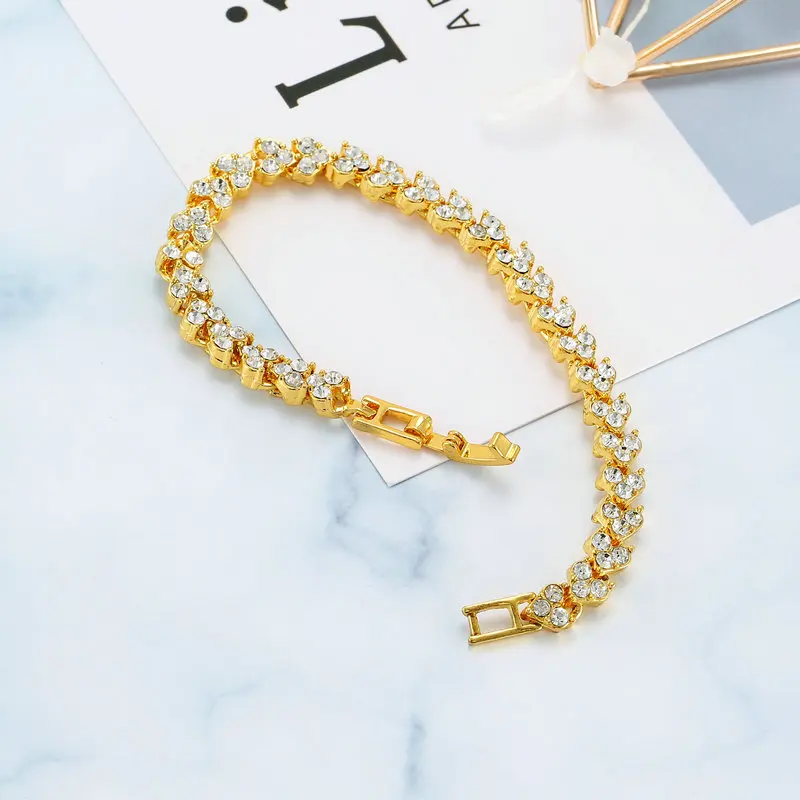 Luxury Roman Crystal Bracelet For Women Fashion Heart Chain Bracelets Rhinestone Bangle Wedding Bridal Jewelry Accessories