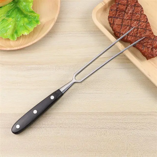 Rozsdamentes Acél Grillező Sült Pálca 2-Prong Hús Grillezés Villa Bbq Szerszámok Fa Fogantyúval Kemping Piknikhez