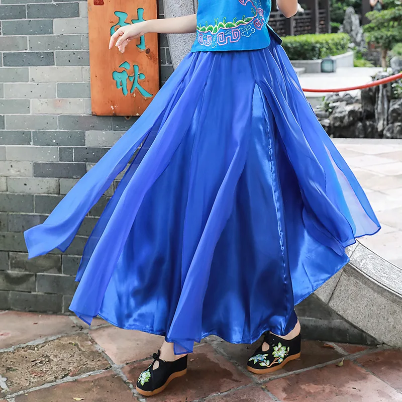 

New Style Ethnic-Style Large Size Women's Half-length Double Layer Real Silk Joint Long Big Skirt Send Critical nv zhuang qun