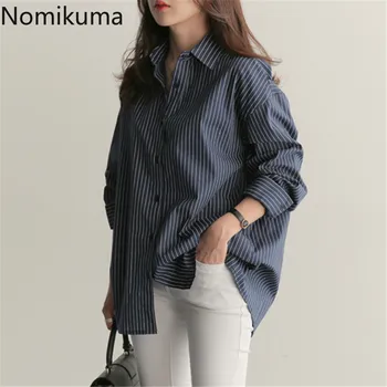 

Nomikuma OL Striped Blouse Single Breasted Long Sleeve Loose Shirts Female Spring Autumn Clothes Office Ladies Blusas 3a061