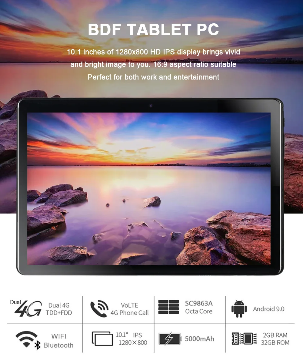 US $91.00 BDF New 101 Inch 3G 4G LTE Phone Call SIM Card Octa Core FM WiFi Tablet Pc Android 90 WIFI Bluetooth 2GB32GB IPS LCD Display