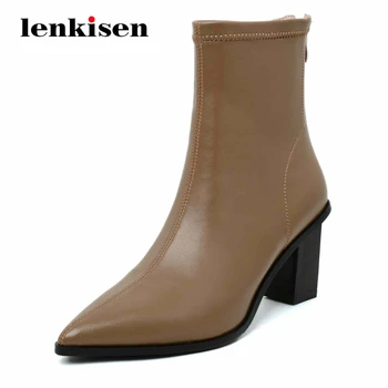 

Lenkisen work boots streetwear limited customization pointed toe thick high heel zipper office lady dress maiden ankle boots L20