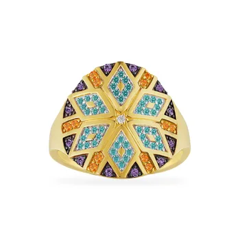 

Fashion 925 Sterling Silver Yellow Gold Color Multicolor Stones Geometric Shapes Tribal Finger Ring for Women Mana Series