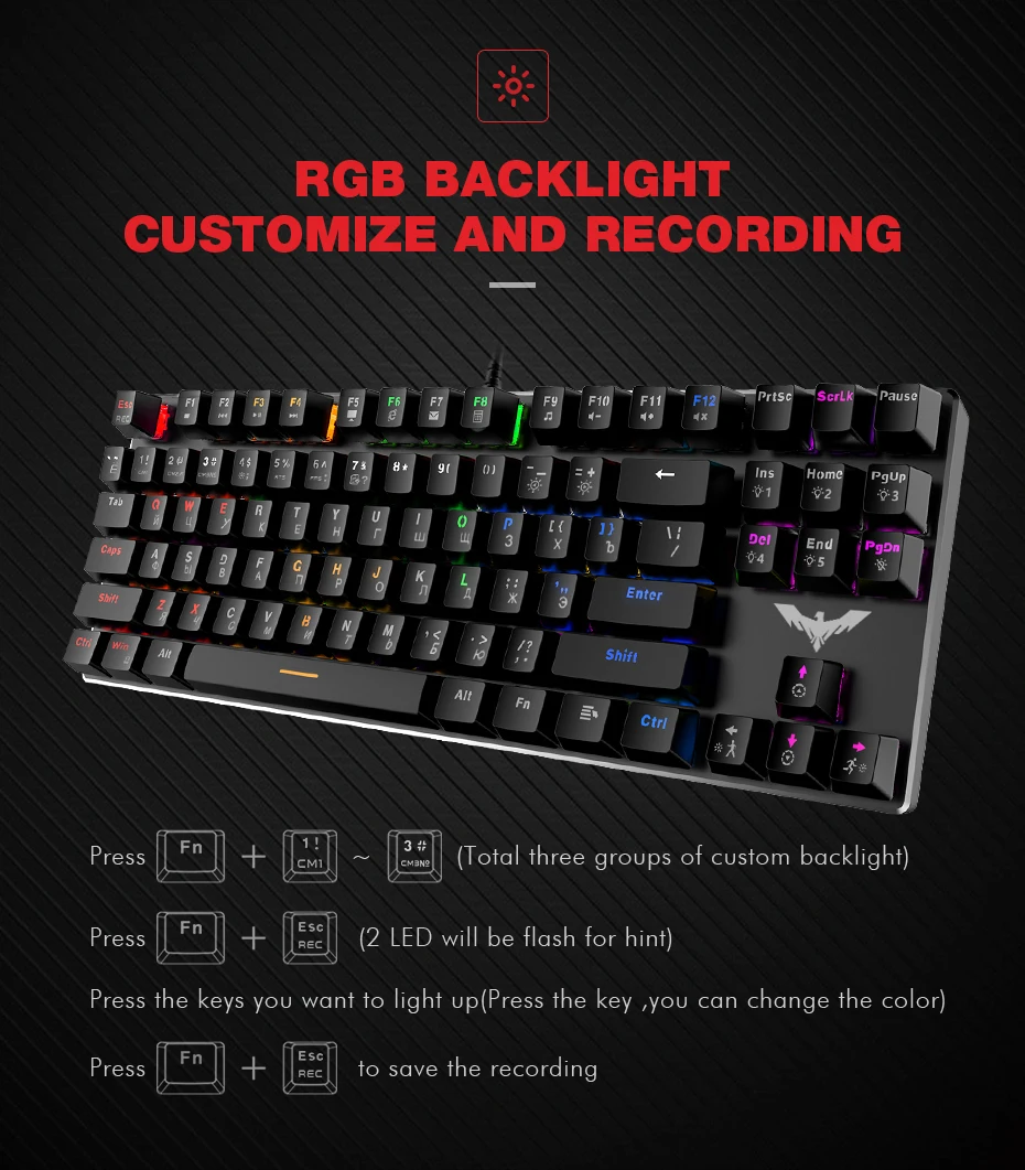 HAVIT Gaming Mechanical Keyboard 87/104 keys USB Wired keyboard Blue/Red Switch Backlit Keyboard US/Russian Version