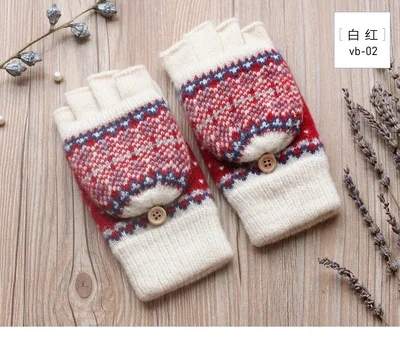 vb02 red white Зимние перчатки женские вязаные рукавицы теплые перчатки без пальцев шерсть плюс бархат утолщение теплые открытые перчатки зимние женские перчатки - Цвет: vb02 red white