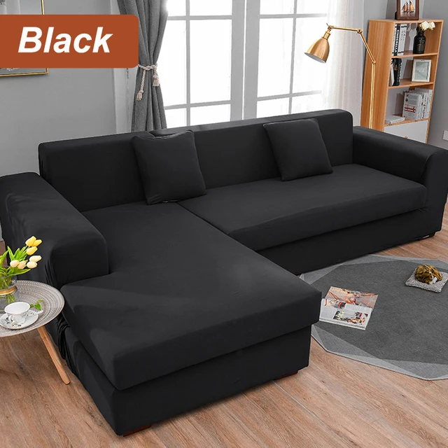 L-Shaped Sofa Cover Corner Sofa Slipcovers Elastic Chaise Cover 1/2/3/4 Seater Stretch Sectional Couch Armchair Cover Protector Black