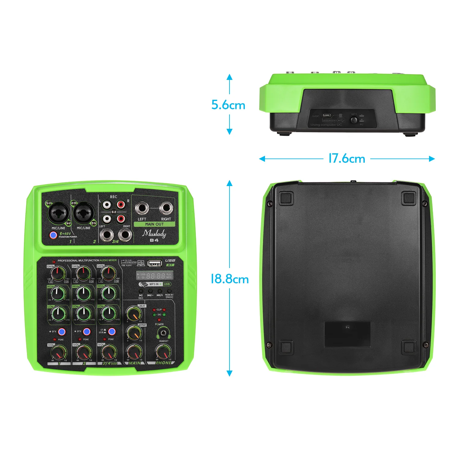 Muslady B4 Portable 4 Channels Audio Mixer USB Mixing Console Supports BT Connection with Sound Card Built-in 48V Phantom Power