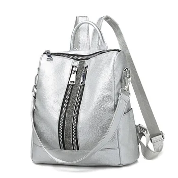 

2020 New Backpack Women's Fashion Multi-functional Bag Large Capacity Soft Leather Student Silvery Backpacks Mochila Feminina