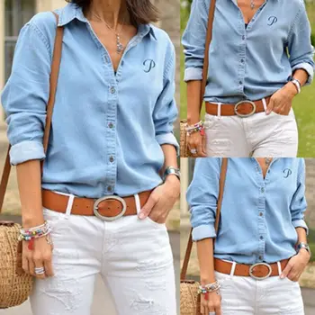 

Women Denim Long Sleeve Casual Button Blouse Turn Down Neck Plain Letter Shirt