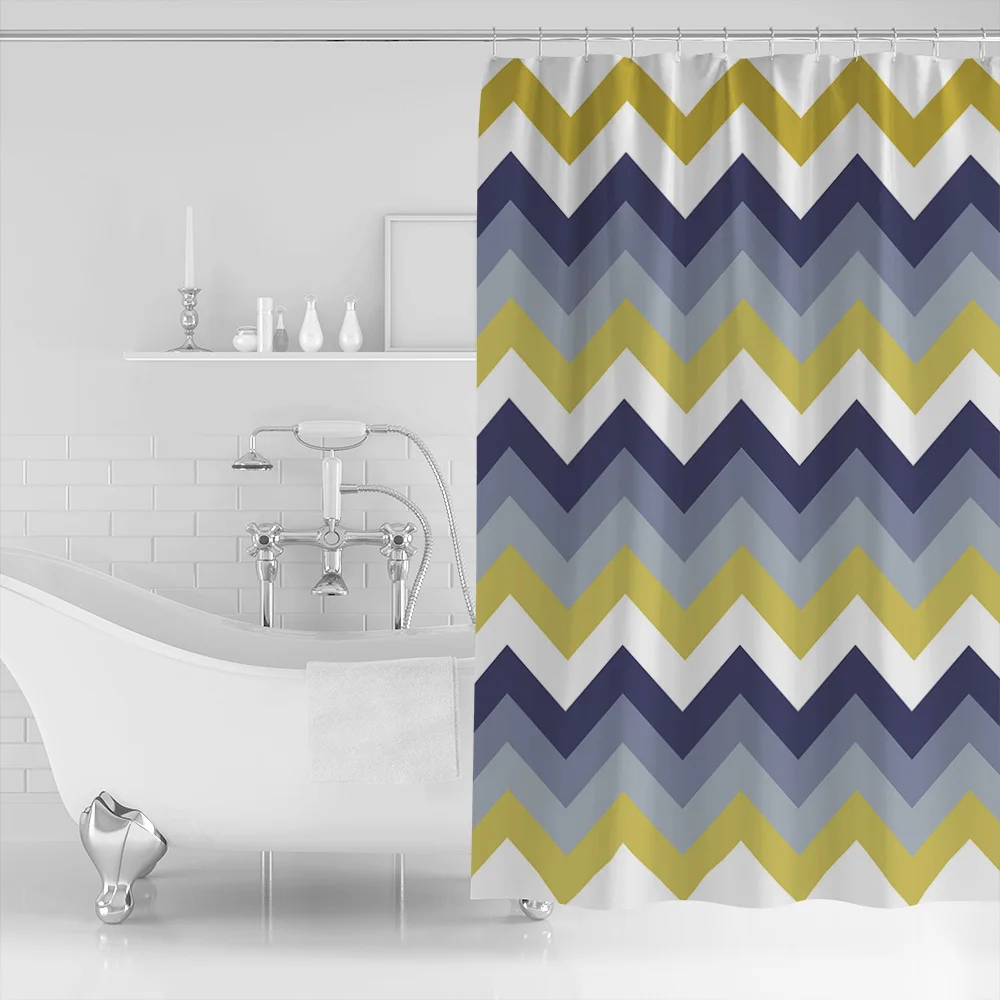 Bohemian Striped Waves Striped Pattern with Gold Glitter Polyester Fabric Bathroom Shower Curtain Set with Hooks