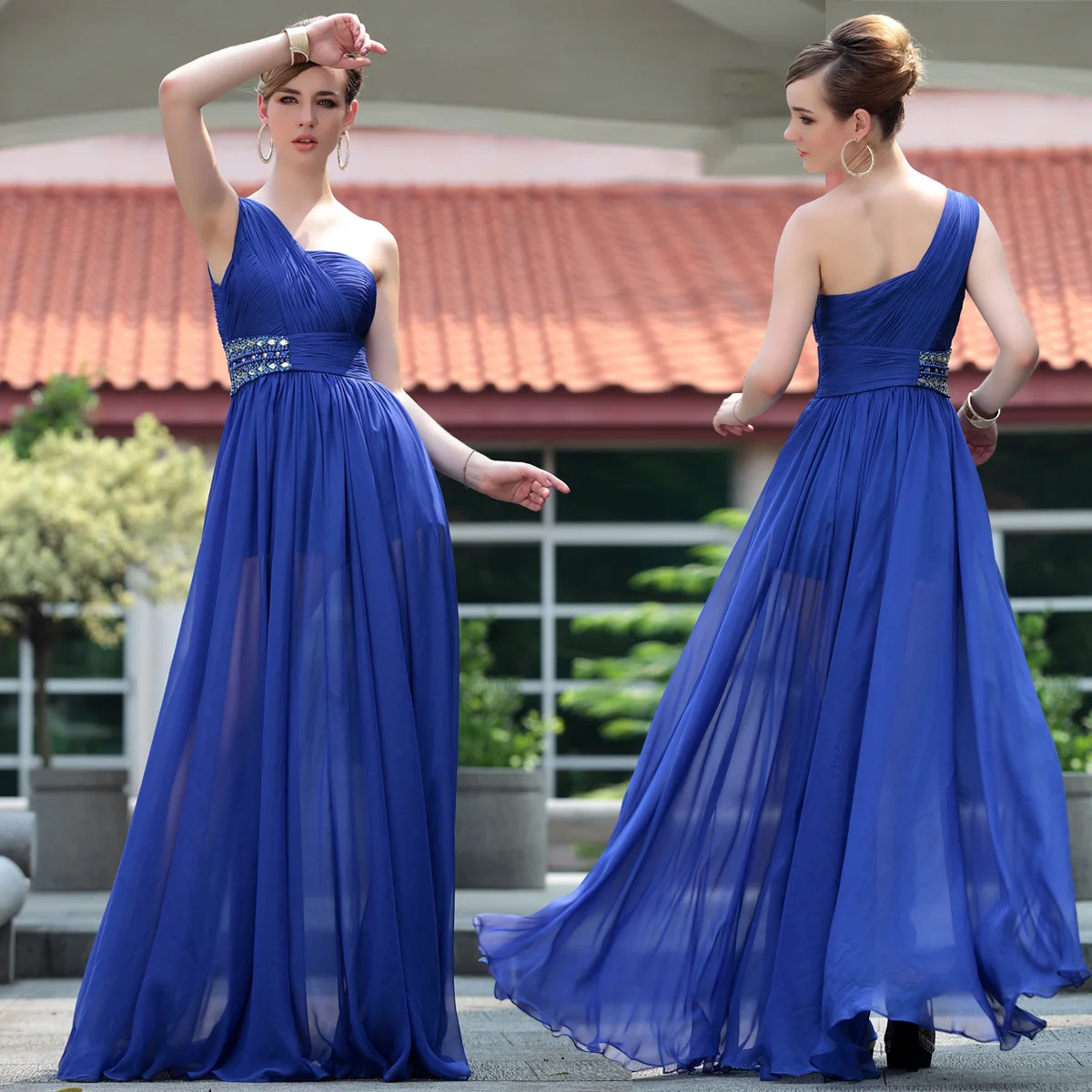 

free shipping 2015 new hot blue one shoulder chiffon plus size slim long design clairvoyant special occasion gown evening dress