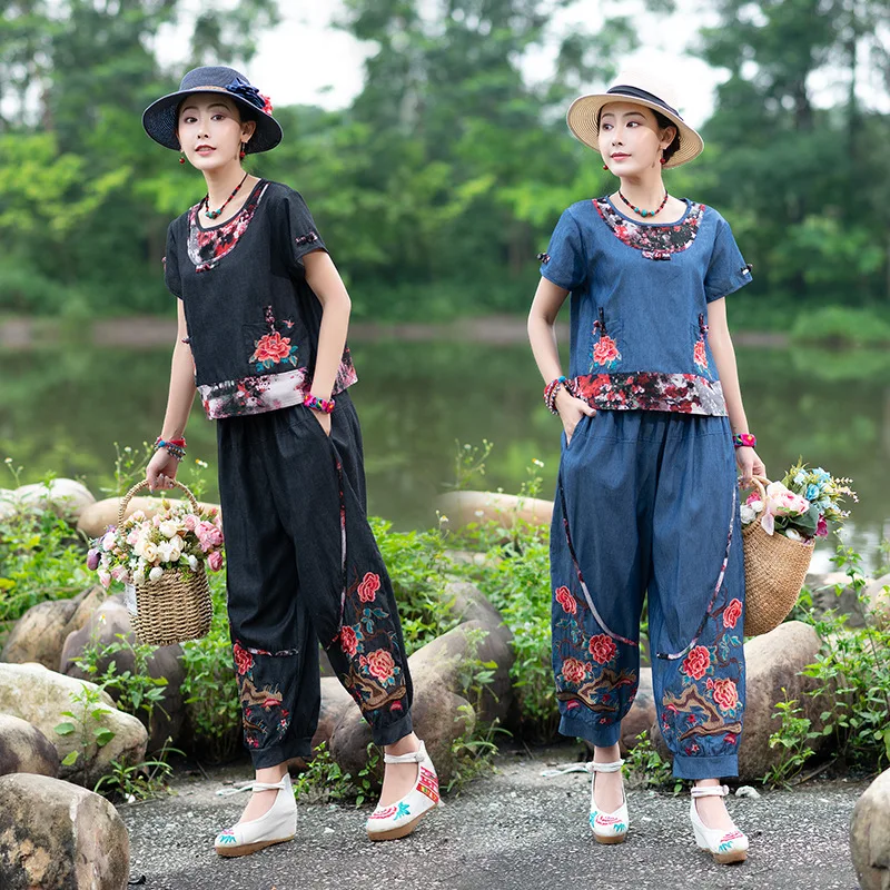 

2019 Amoi Large Size Ethnic-Style Joint Loose Cotton Linen Denim Cotton Embroider Jacket + Harem Pants Set