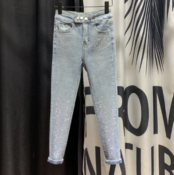 

European Slim-Fit Button Pencil Pants Women's 2020 Spring New Heavy Rhinestone Jeans Village Denim Jeans Hot Drill Jean Feminino