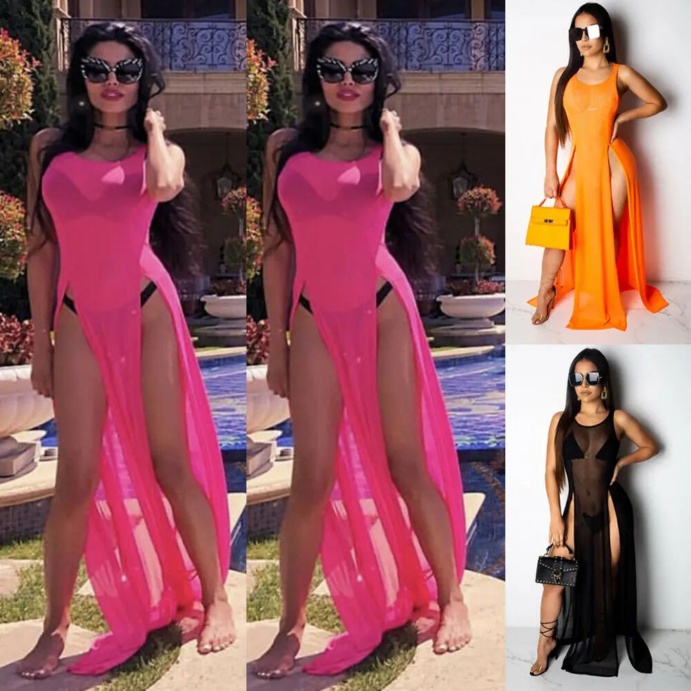 Sexy Women Mesh Sheer Long Maxi Dress Evening Party Beach Dresses Sundress Bikini Cover Up See-through Tulle Cover-Ups beach cover swimsuit cover beach dress