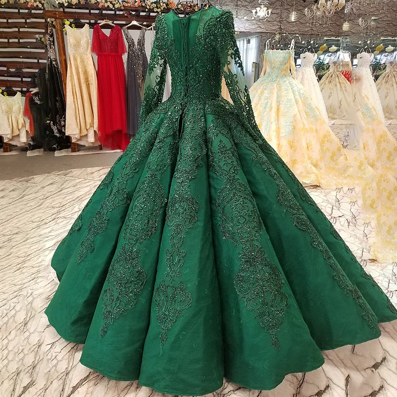 LS0447 floor length puffy green evening dress o-neck long tulle sleeves lace up back pleat evening party dresses quick shipping 2