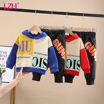 

LZH 2020 Autumn Winter New Kids Letter Printing Suit Baby Boys Girls Contrast Stitching Long Sleeved Sweater 2Pcs Outfits Suits