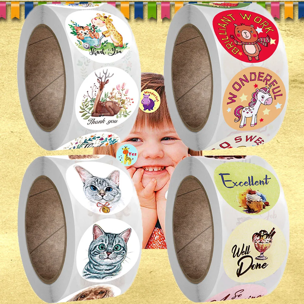 

500PCS Cartoon Animal Kid Student Reward Thank You Stickers Aesthetic Cat Dog Food Cake for Gift Teacher Stationery Game Toy