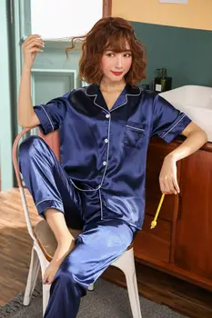 

Short Sleeve Solid Summer Silk Pajamas Spring Women Summer Pajama Sets Silk Pijama Sleepwear Pyjamas Plus Size Nightwear Set