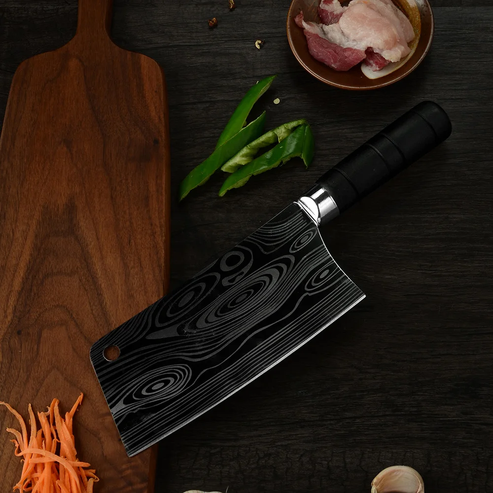 XYj китайский Кливер, кухонный нож повара, нож для приготовления пищи, углеродный нож для приготовления пищи, высокое качество, столовые приборы из нержавеющей стали - Цвет: Laser Print Blade