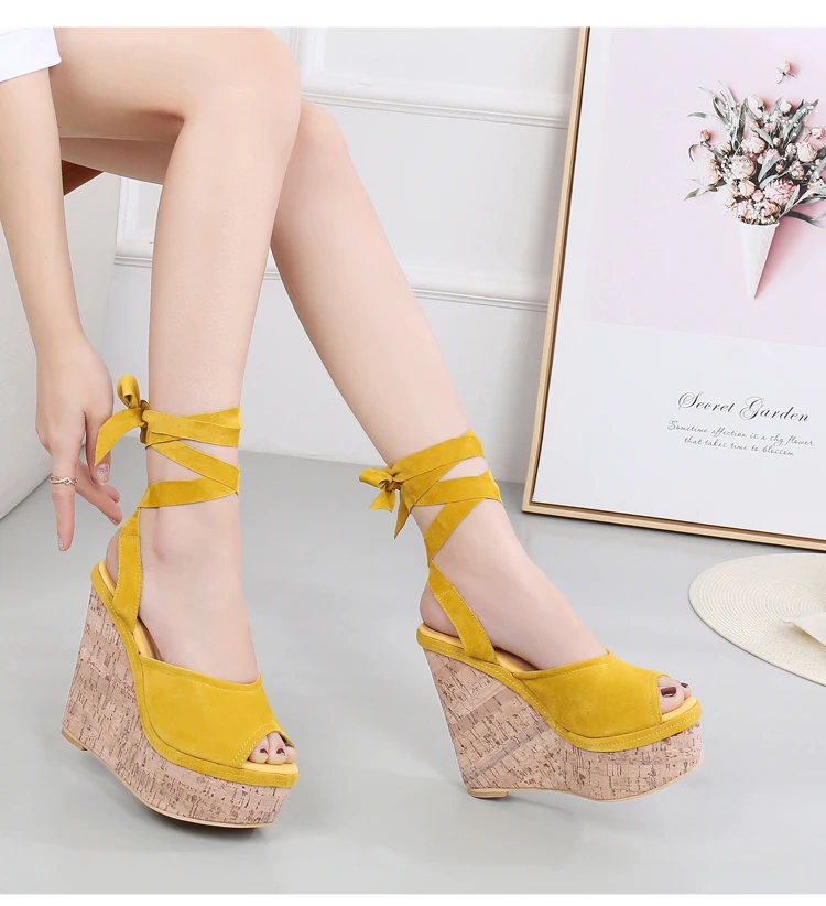 

14 Cm Super High Heel Genuine Leather Wedge Sandals National Style Fish Mouth Female Sandals Bohemian Roman Womens Shoes 32,33