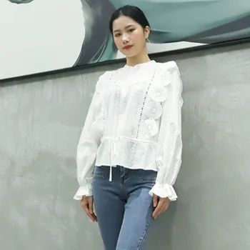 

Women Shirt 2020 Spring and Summer New Solid Color Round Neck Embroidered Retro Long-sleeved Shirt Women