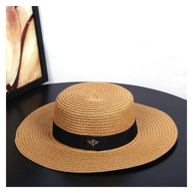 

Sun Hats Small Bee Straw Hat European and American Retro Gold Braided Hat Female Loose Sunscreen Sunshade Flat Cap Visors Hats